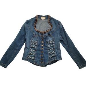 Y2k Majus Lace Up Ruffle Denim Jacket Size M Blue Boho Forest Fairy Steampunk